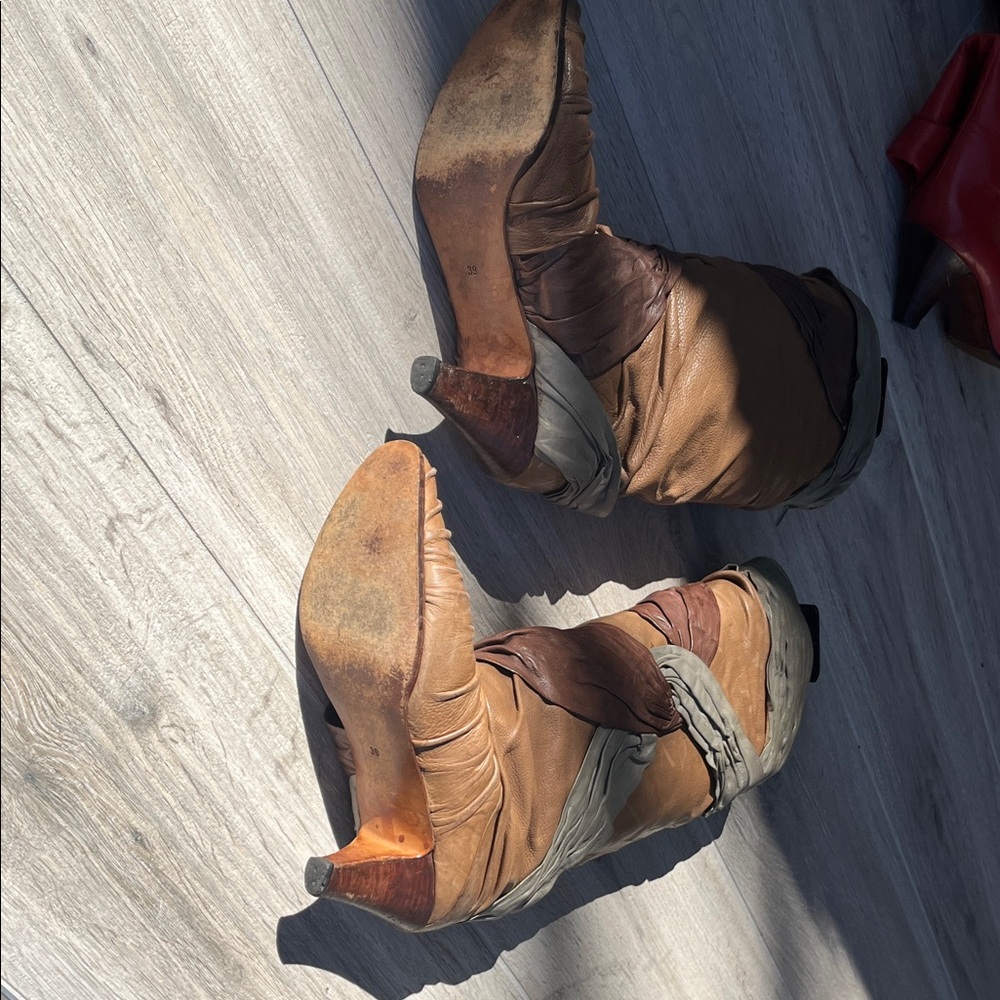 Brown and Tan Heeled Boots